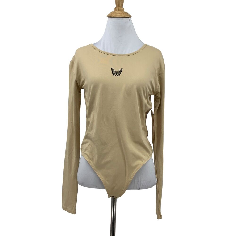 Social Scene Bodysuit Womens M Medium Champagne Tan Open Tie Back Snap Buttons